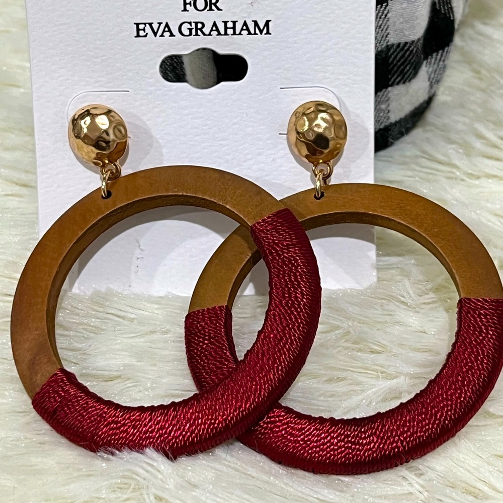 Wooden Hoop Pierced Earrings with Gold and Maroon Accents.